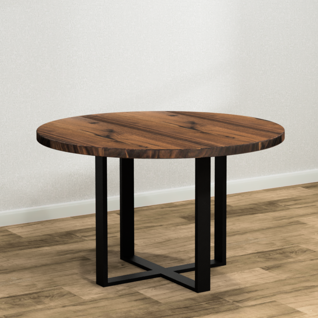 Black Walnut Prescott Table With Black Tube Steel Legs in a Room with good lighting, White walls, light floors and white trim