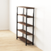 The Broadway Bookcase is a striking, five-tier wooden bookshelf featuring dark brown shelves and a sleek black metal frame. Set against a white wall on light wood flooring, its industrial, minimalist design provides generous storage or display space.