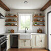 A modern kitchen showcases hardwood floating shelves from the "Hardwood Floating Shelves" collection, a farmhouse sink, light cabinets displaying dishes and plants. A window sits above the sink with a stainless steel stove on the left, and ceiling beams add elegance.