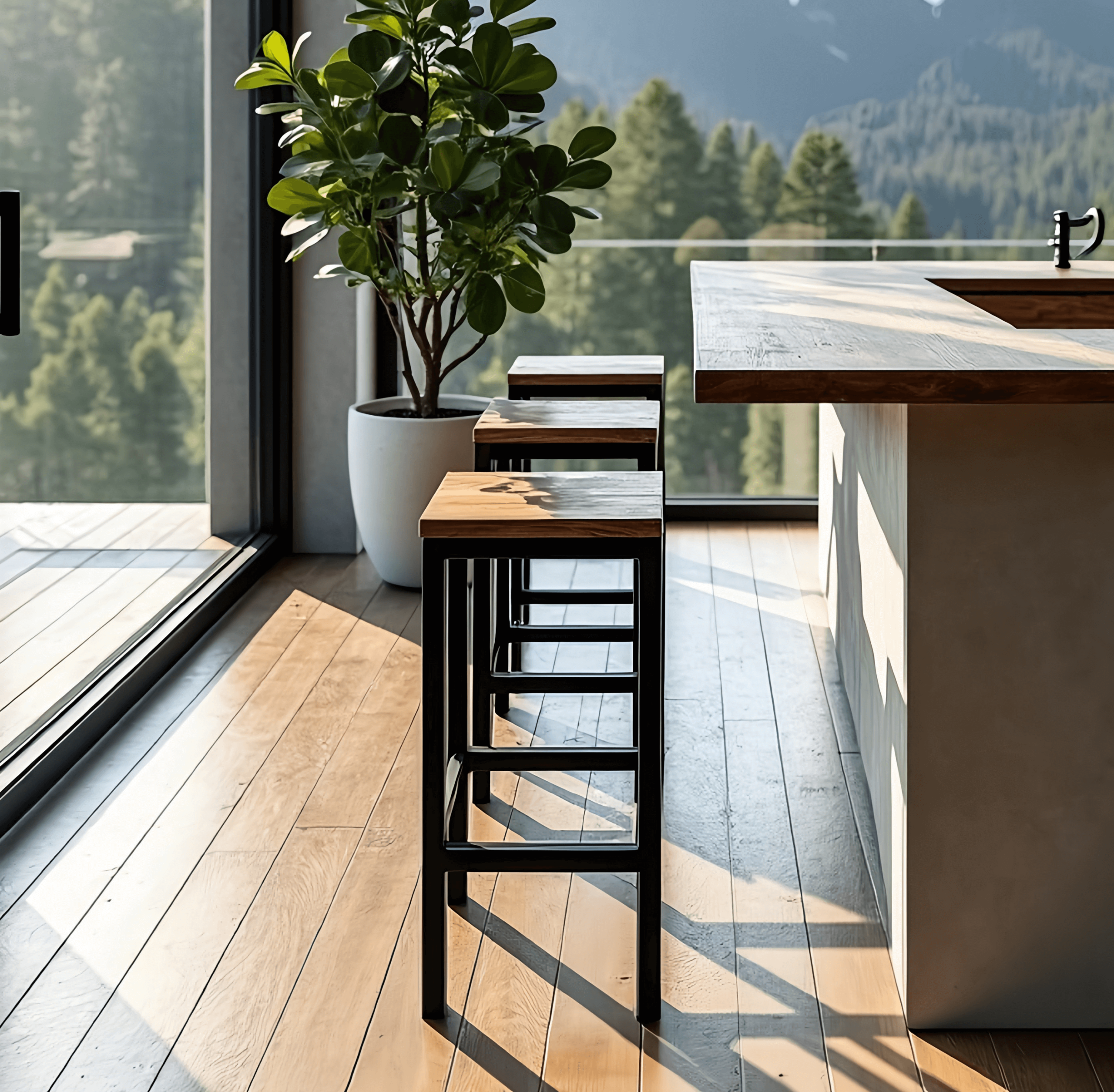 A modern kitchen is highlighted by The Sedona Bar Stools and large windows. A potted plant adorns the corner, offering a view of trees and mountains outside. Sunlight spills in, illuminating the hardwood floor.