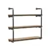 Introducing the Industrial Hanging Pipe Shelf, a three-tier unit with wooden shelves supported by a metal pipe framework featuring black and silver accents. The shelves are evenly spaced and horizontally aligned to create an industrial and rustic look against a white background.