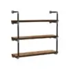 The Industrial Hanging Pipe Shelf is a wall-mounted, three-tier shelving unit with an industrial, rustic design. It features dark metal piping for the frame and brackets, supporting three wooden plank shelves. The combination of the hanging pipe structure and wood creates a contrast that delivers both modern and vintage vibes.