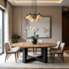 A modern dining room showcases The Prescott Dining Table with six chairs. A black vase of white orchids sits in the center, and a geometric chandelier hangs above. The space is enhanced by an abstract painting and potted plants, all bathed in natural light.