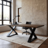 The modern office showcases The Modern X Desk with a geometric metal base, accompanied by a sleek black chair. A desk lamp and mug provide utility. Large windows light up the concrete wall, while a patterned rug adds charm to the wooden floor.