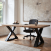 The Modern X Desk stands elegantly with a sleek chair, enhanced by a stunning wall painting.
