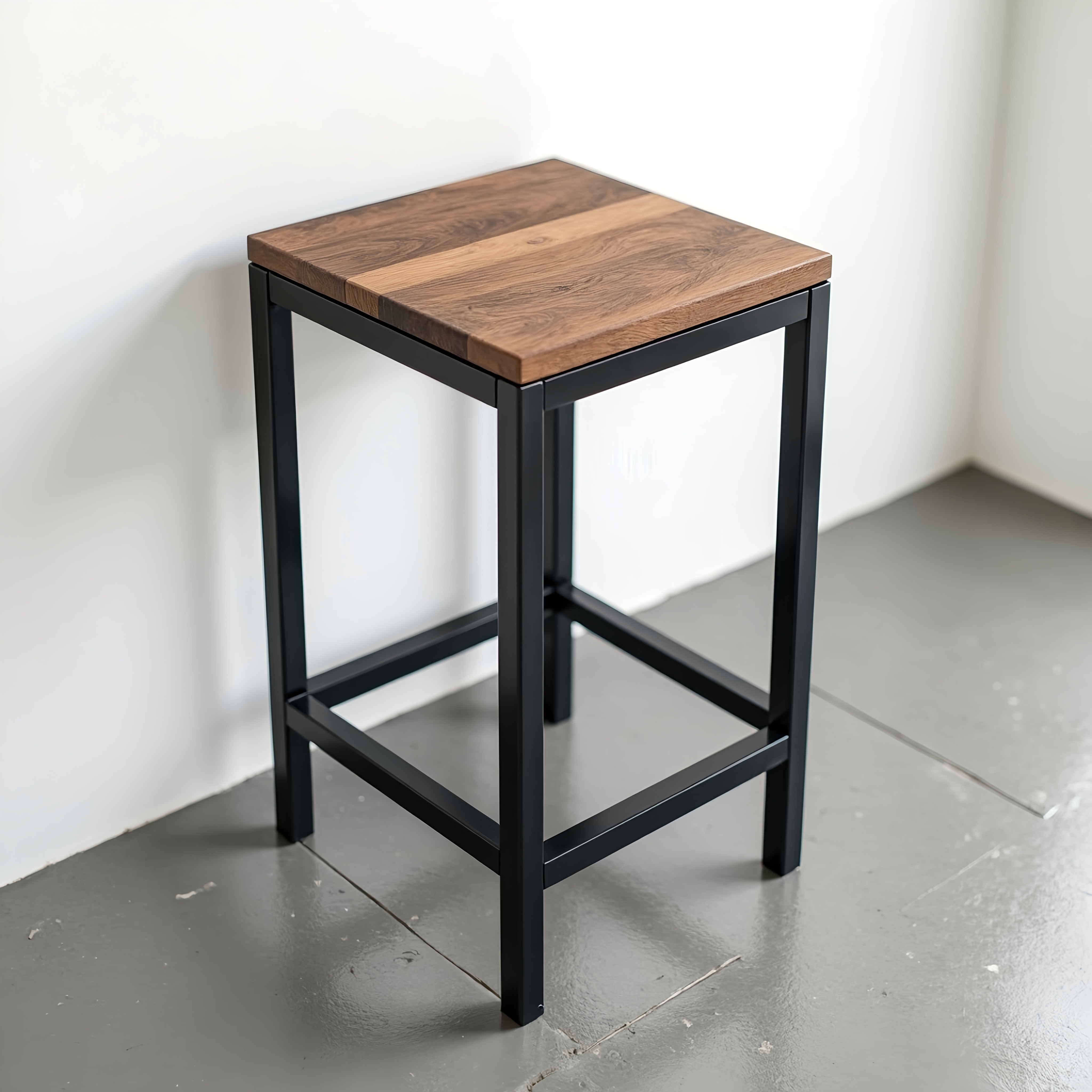 The Sedona Bar Stool, with a tall dark wooden seat and sleek black metal legs, stands gracefully on a gray floor by a white wall, highlighting its minimalist design.