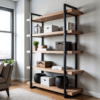 The Westbrook Shelf features hardwood shelves and a black steel frame set against a light wall. Decorated with boxes, a potted plant, vases, and small sculptures, it is bathed in sunlight from a large left-side window near the sofa.