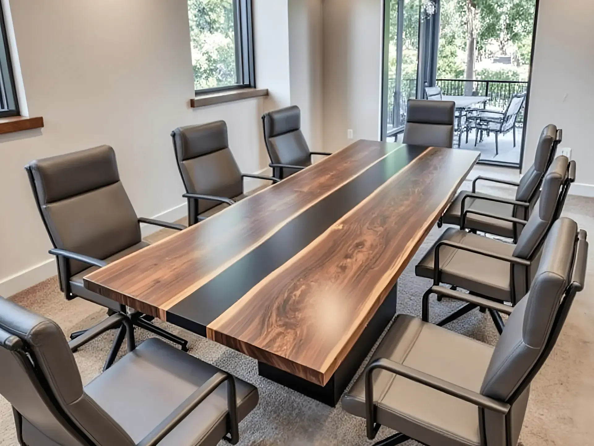 A contemporary conference room includes a sizable Live Edge Black Walnut Conference Table, encircled by eight elegant black office chairs. The table's natural wood finish with dark accents harmonizes beautifully with the lush greenery visible through the expansive windows.