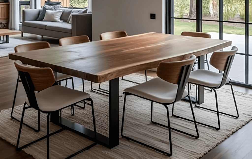 A modern dining room showcases a wooden live edge table surrounded by eight chairs, exuding natural beauty. Large windows invite natural light and a view of greenery. A gray sofa adds allure in the background, while a neutral-toned rug complements the serene space beneath the table.