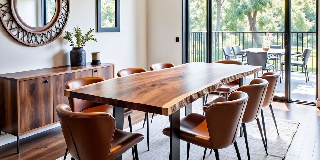 Modern dining room with wooden table and stylish chairs.