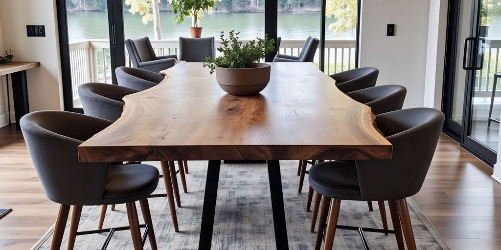 Modern dining area with a large wooden table and chairs.