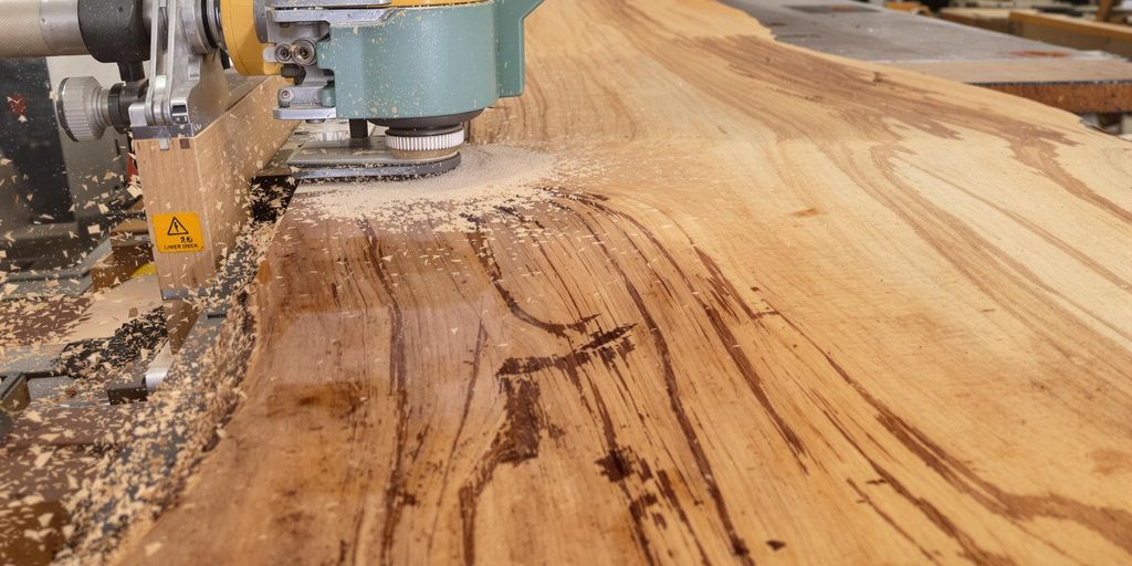 Close-up of a live edge wood slab being milled.