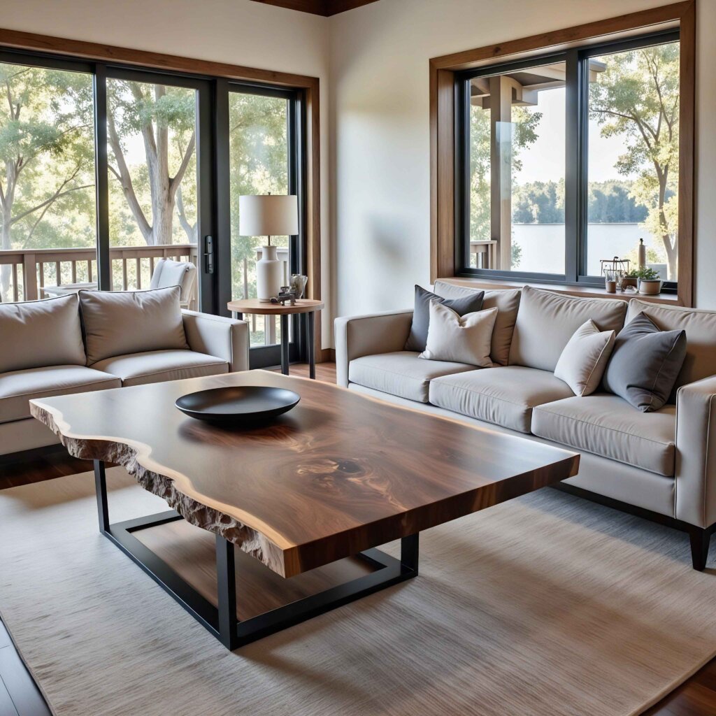 Modern living room with large wooden table and natural light.