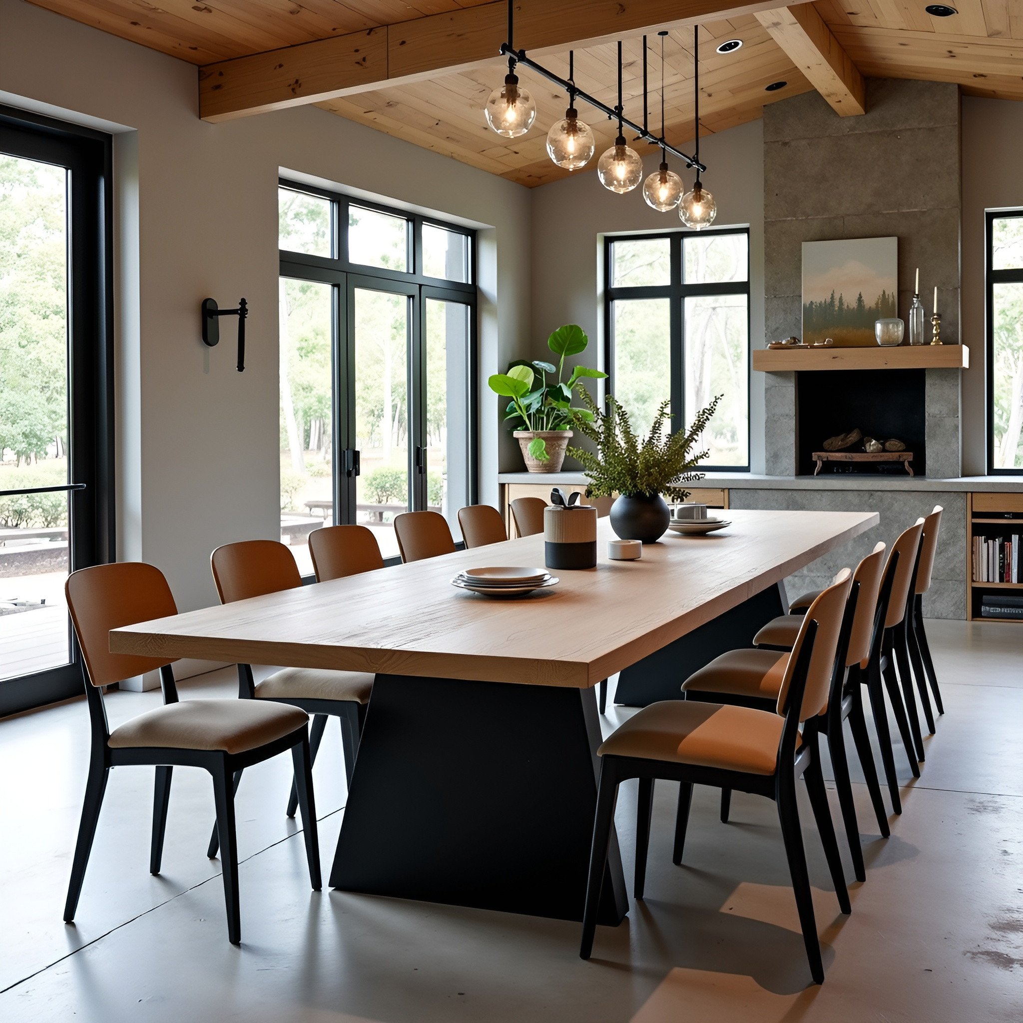 A modern dining room showcases The Northland Dining Table surrounded by ten tan chairs. A potted plant serves as the centerpiece, while large windows, a fireplace, and pendant lights enhance the space.