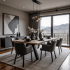 A modern dining room showcases The Ridge Dining Table set for four, with gray chairs under elegant pendant lights. A large window offers mountain views, while art and vases decorate the sideboard. Neutral tones complete the serene space.