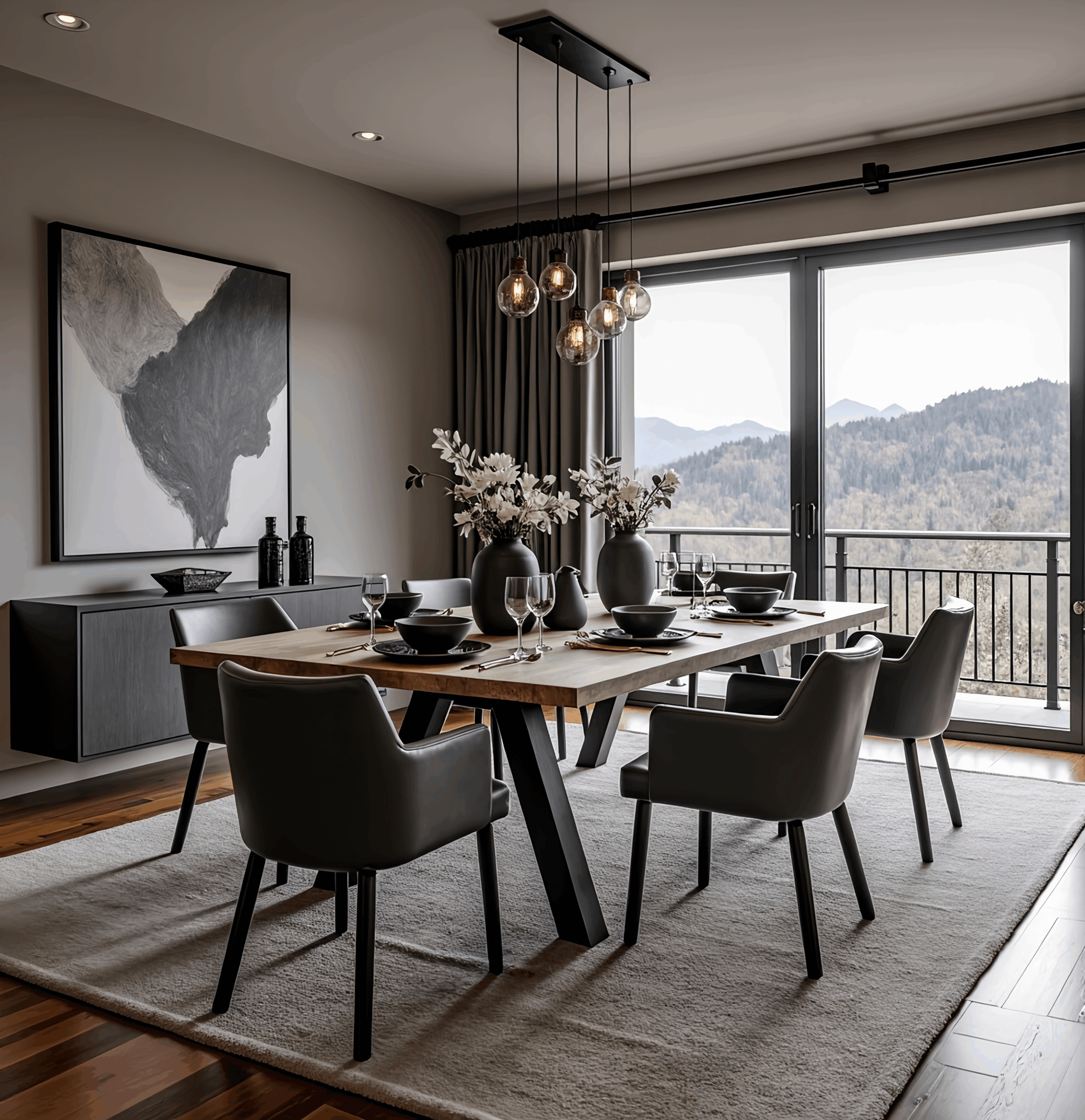 A modern dining room showcases The Ridge Dining Table set for four, with gray chairs under elegant pendant lights. A large window offers mountain views, while art and vases decorate the sideboard. Neutral tones complete the serene space.