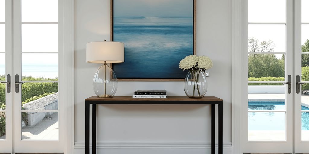 Modern interior with a console table, lamp, and art.