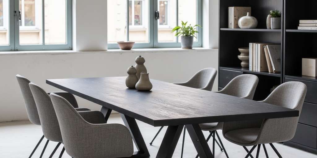 Modern dining area featuring a large table and chairs.
