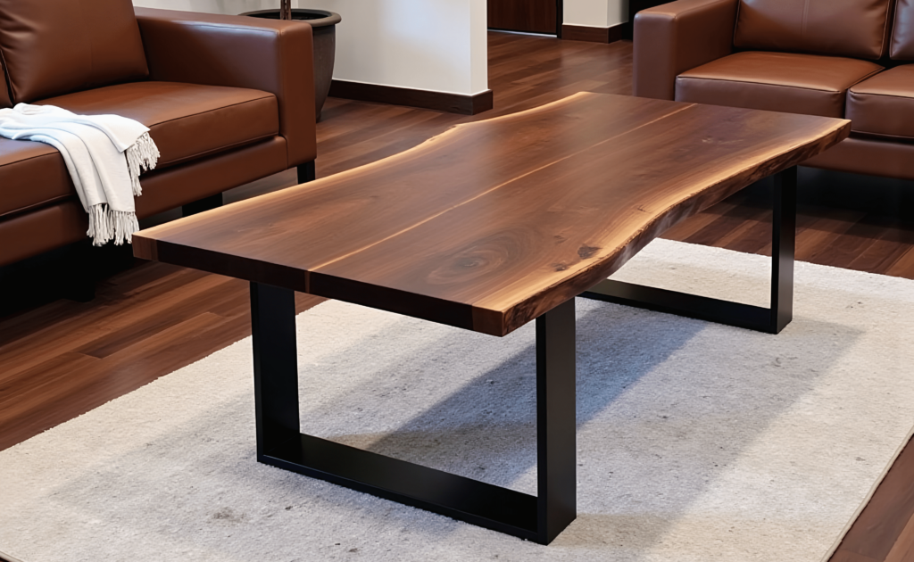 A stylish walnut coffee table with a live-edge wooden top sits on a neutral rug in the contemporary living room. The table features black metal legs and is surrounded by brown leather sofas. A casually draped white blanket adds a touch of coziness to one sofa.