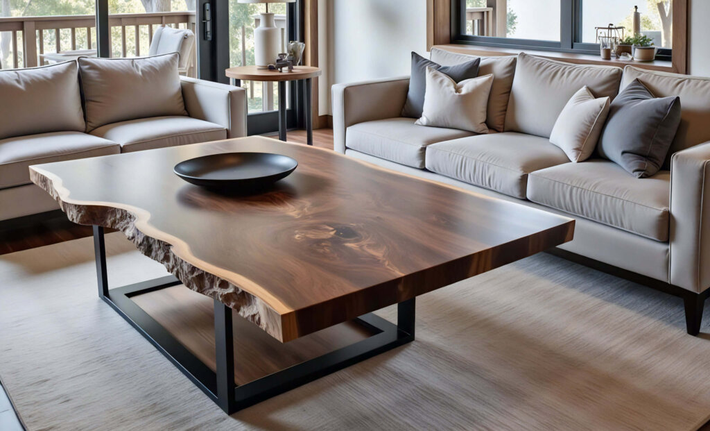 A modern living room features two beige sofas facing a large, live edge coffee table, which serves as a unique centerpiece. Large windows reveal views of trees and a lake. Decorated in neutral tones, with a lamp and decor on a side table, the space is bathed in natural light.