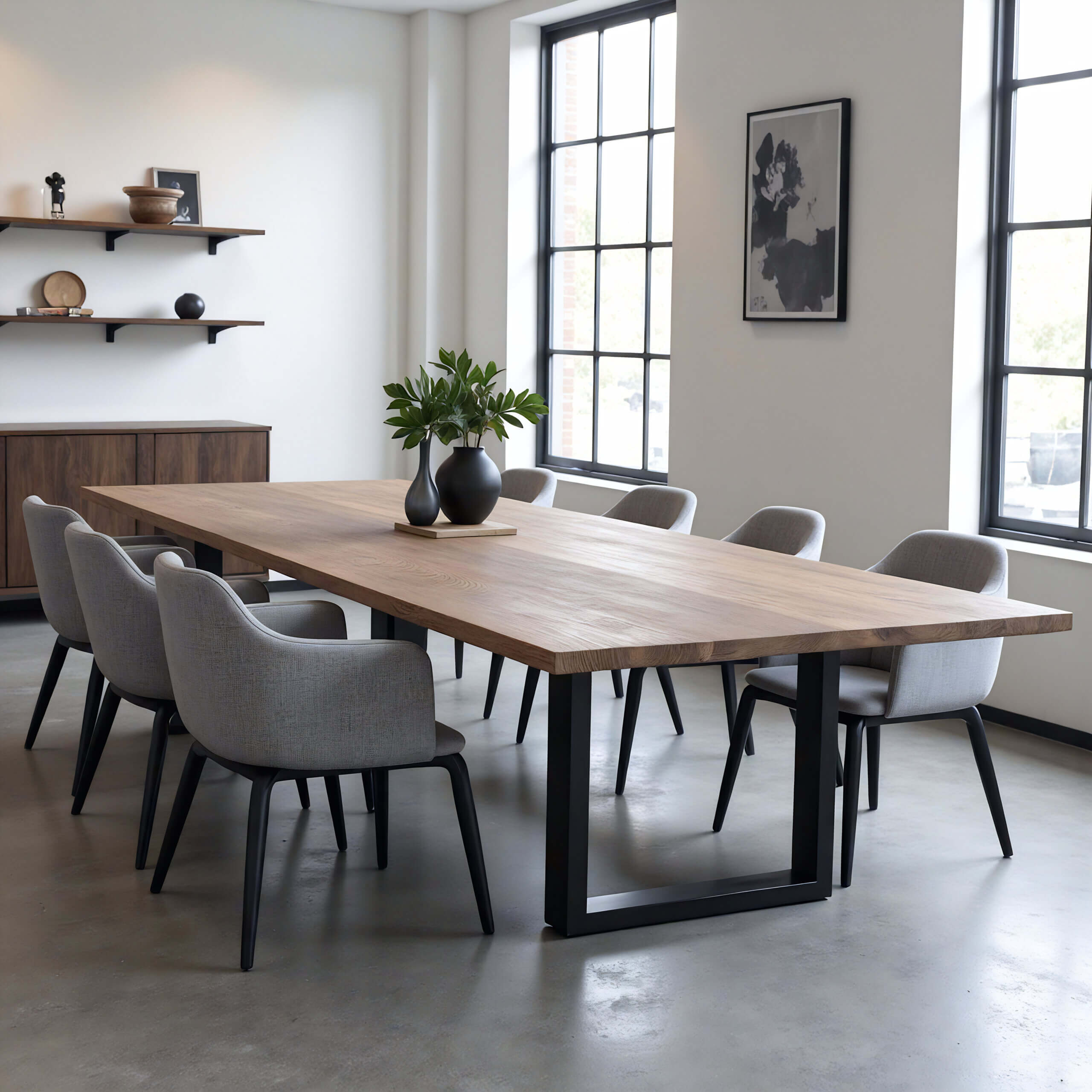 A modern dining room showcases a solid wood table with black metal legs, surrounded by eight gray upholstered chairs. Two black vases with green plants adorn the table. The room features white walls, large windows, and minimalist wall art, making it ideal for a stylish workspace or intimate gatherings.