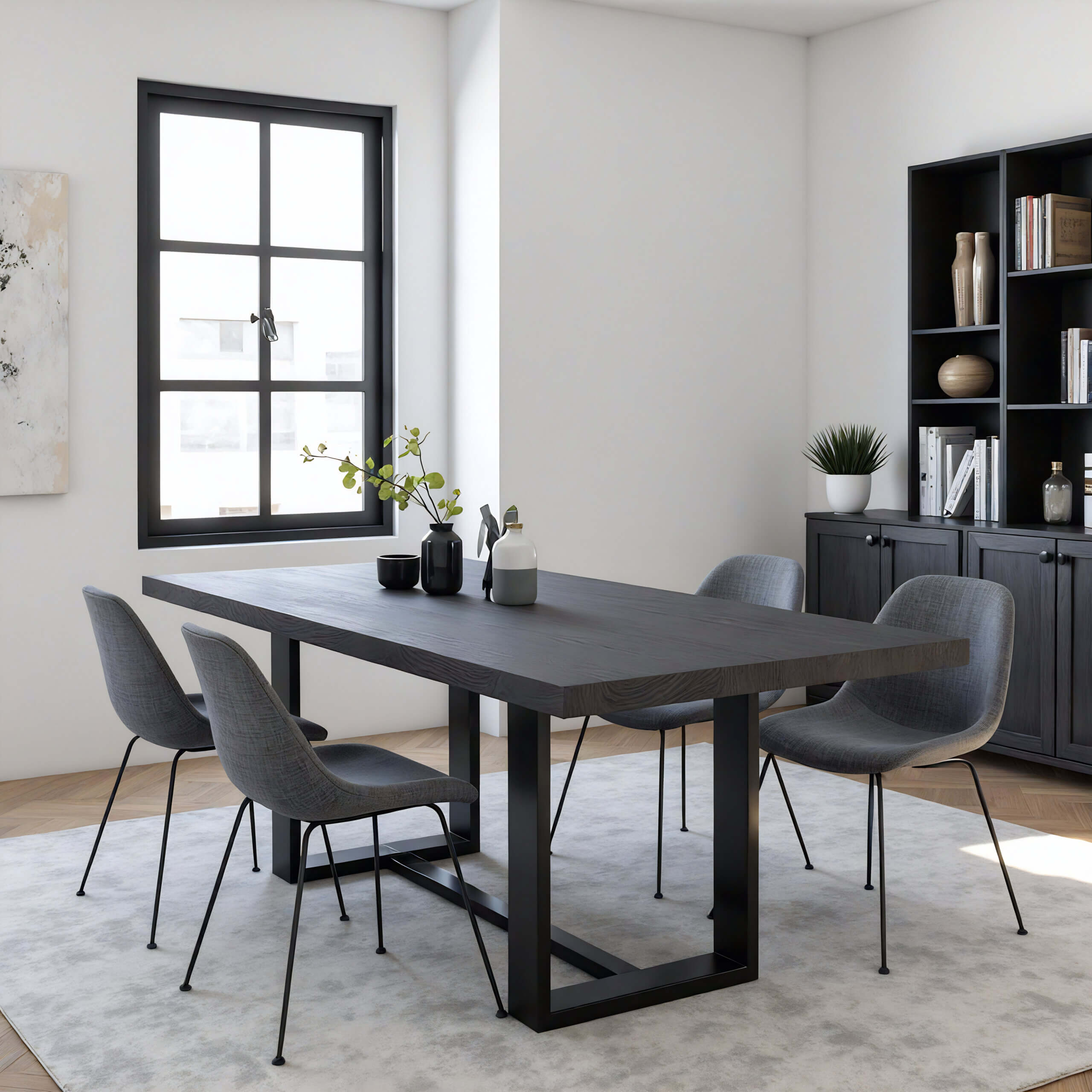 A modern dining room features a dark wooden table, reminiscent of solid wood conference tables, surrounded by four gray chairs on a light rug. Natural light pours in through the window. A side cabinet showcases decor items and a potted plant, while a minimal painting adorns the wall.