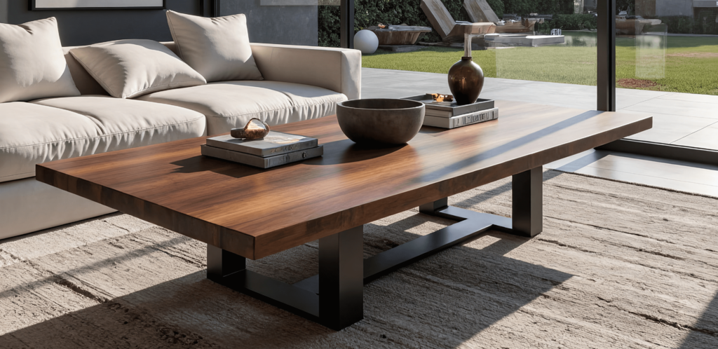 A modern living room with a large glass wall overlooks a patio and garden. It features a cream sofa adorned with cushions and one of the exquisite solid wood coffee tables, showcasing decorative items. A framed abstract artwork hangs on the dark wall as sunlight streams through the windows.