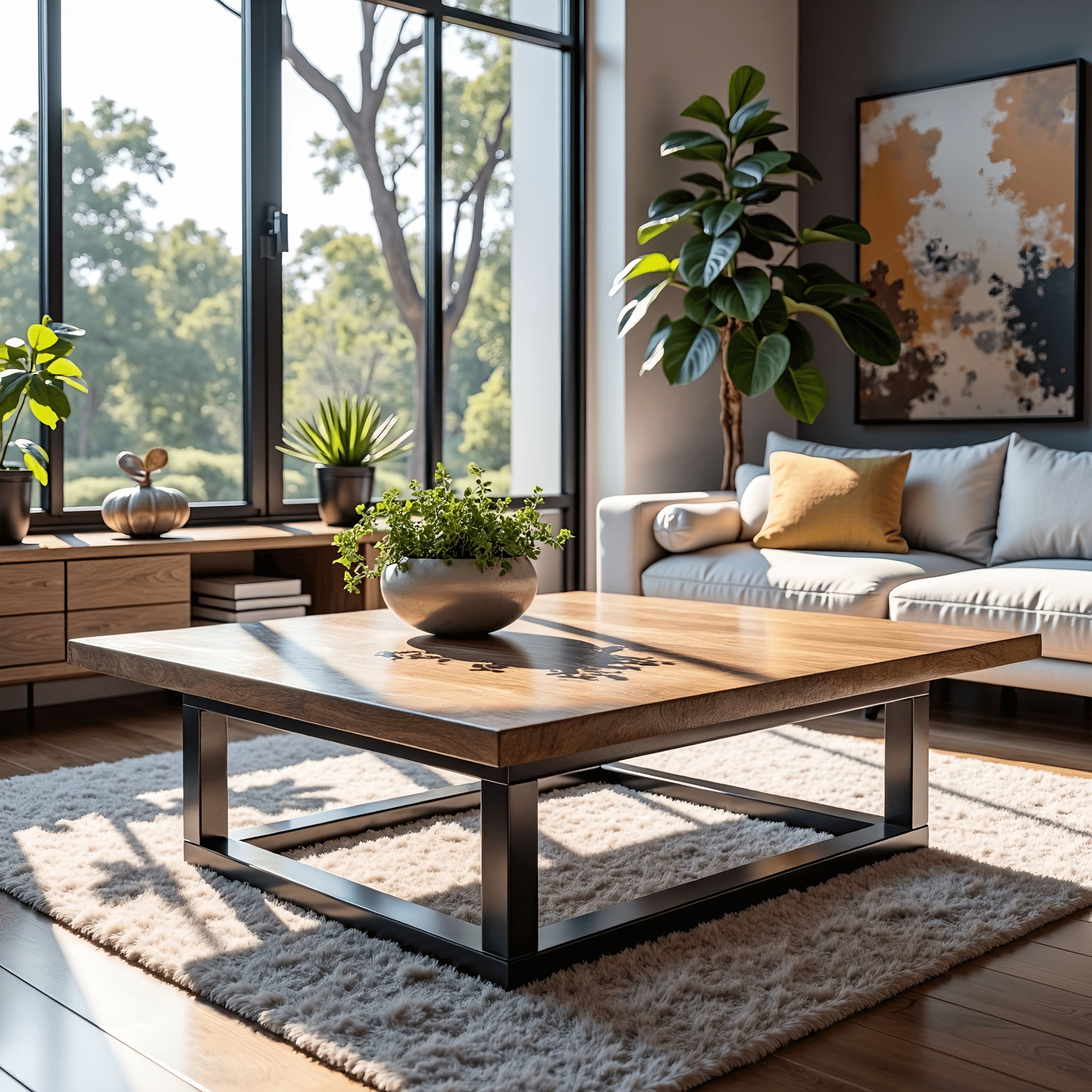 The Atlas Coffee Table stands on a plush rug in a modern living room. Around it, plants and a light gray sofa with cushions are set against large windows showing trees, while a colorful abstract painting decorates the wall.