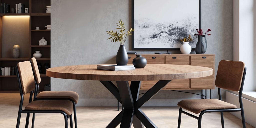 Modern dining area with round wooden table and stylish chairs.