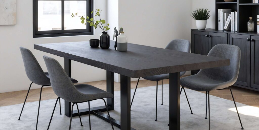 Modern dining area with a table, chairs, and decor.