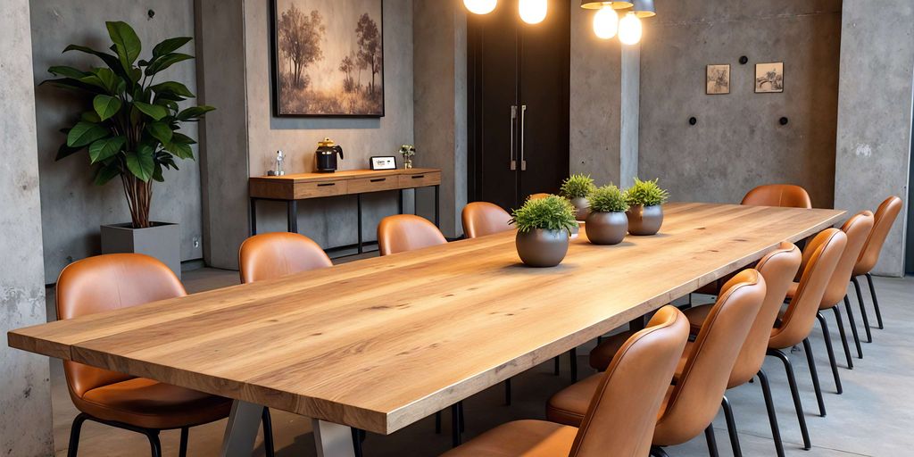 Stylish conference room with wooden table and modern lighting.