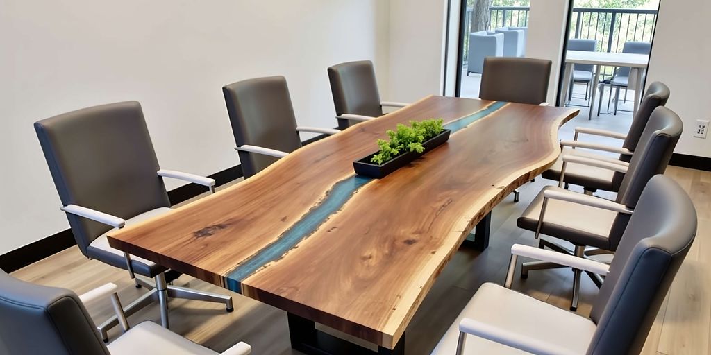 A modern conference room featuring a unique wooden table design.