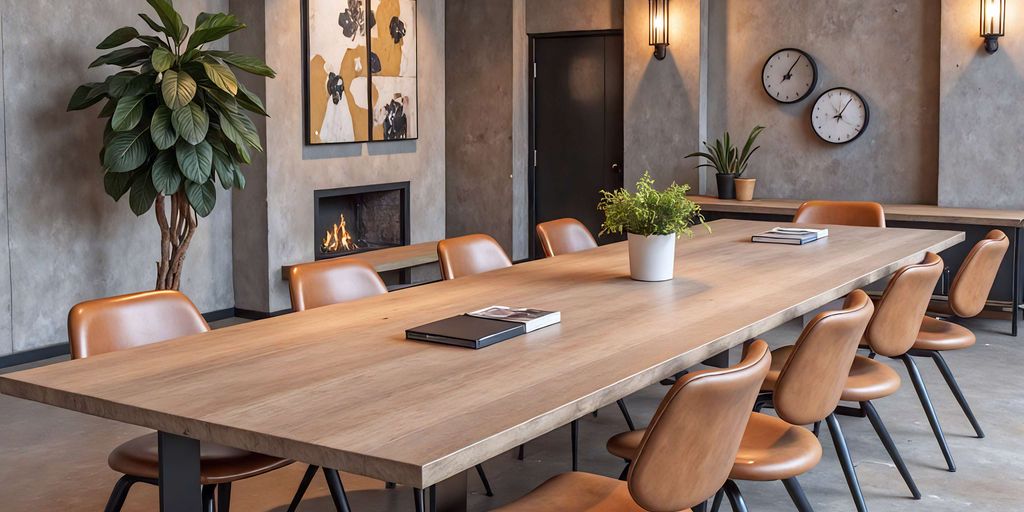 Modern conference room with long table and stylish lighting.