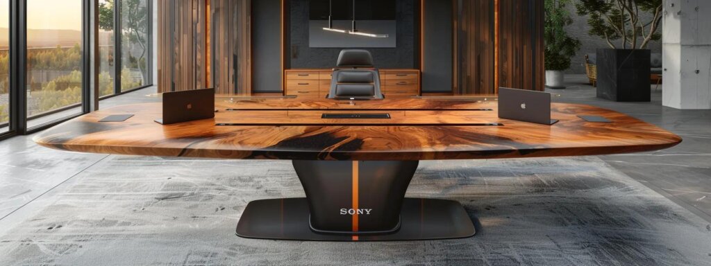 a sleek, modern conference room features a robust, handcrafted solid wood table with built-in usb and hdmi ports, discreet cable management, and tapered edges, all set against a backdrop of polished glass panels and contemporary furniture, emphasizing a professional legal environment.