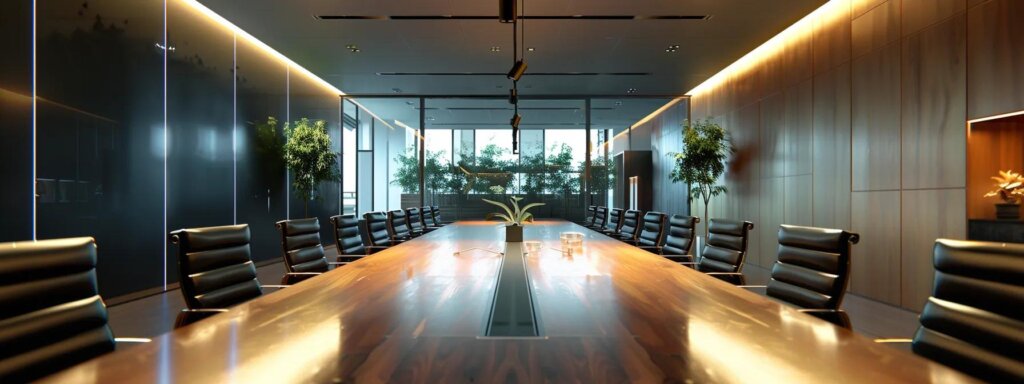 a sleek, modern conference room features a large, polished wood table surrounded by elegant leather chairs, illuminated by soft overhead lights, emphasizing a professional atmosphere ideal for law firm meetings.