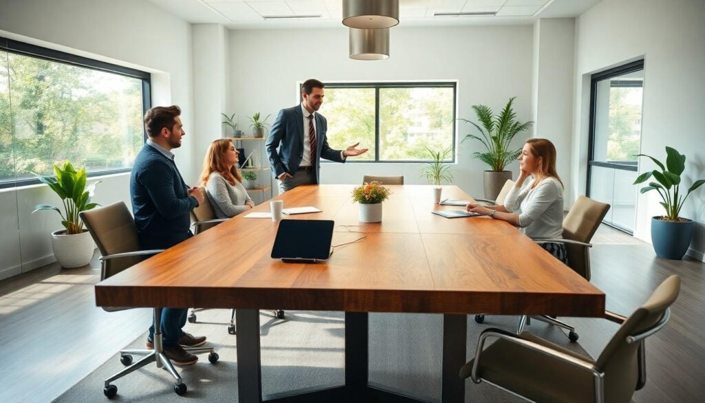 A man stands and speaks to three colleagues seated around a large wooden conference table in a modern, bright office with large windows and several potted plants. Laptops and documents are on the table.