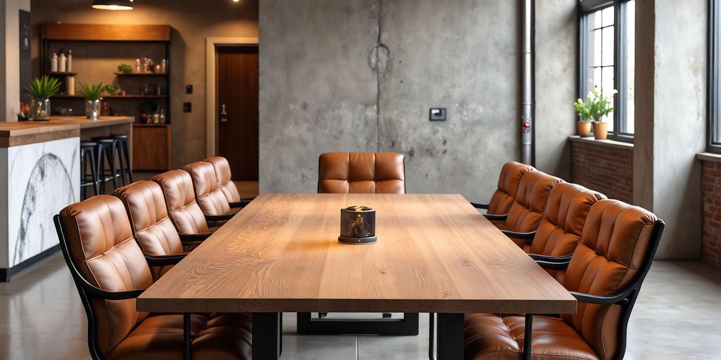 Modern conference room with a large wooden table and chairs.