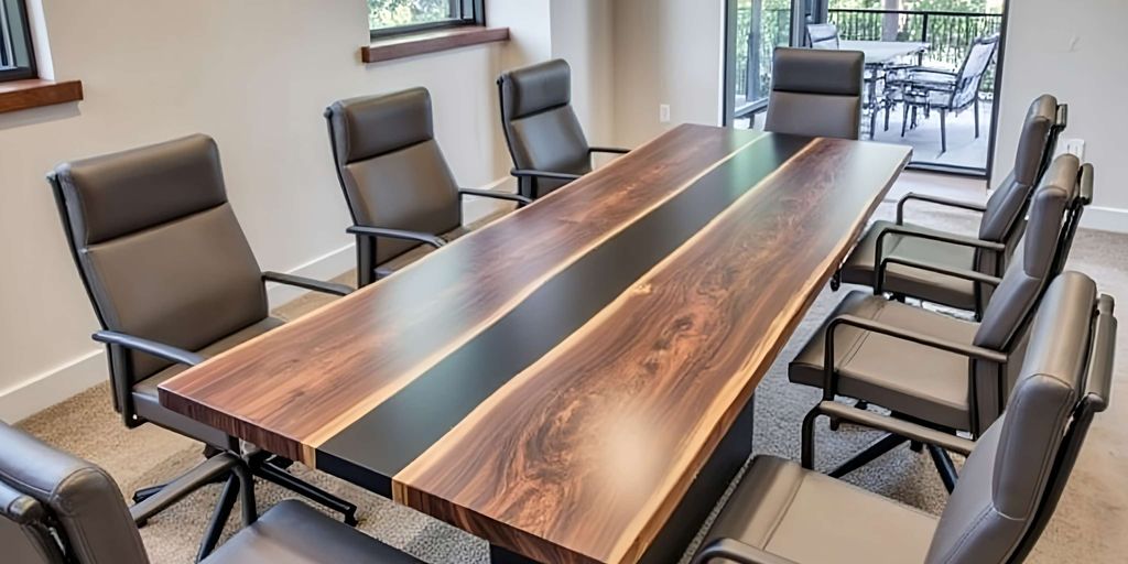 Modern conference room with a large wooden table and chairs.