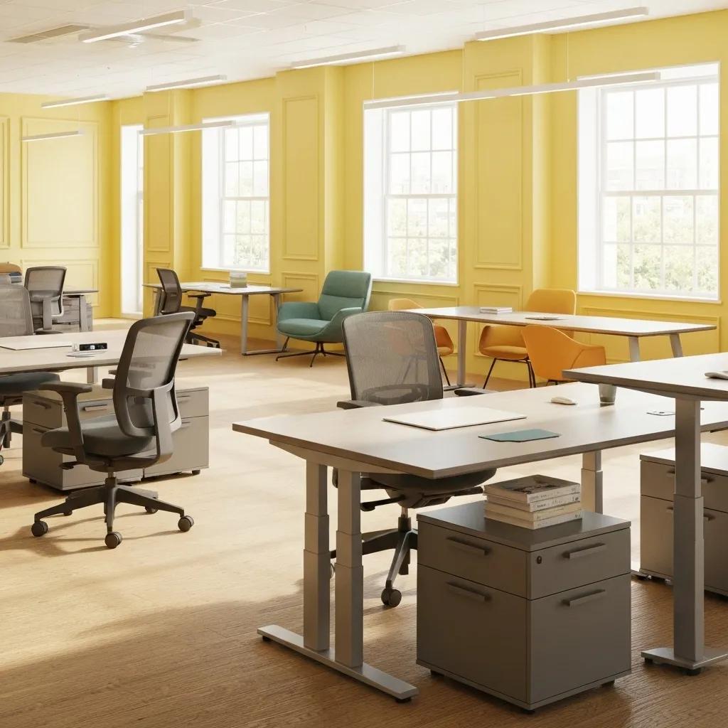 Modern office furniture setup with ergonomic chairs and adjustable desks