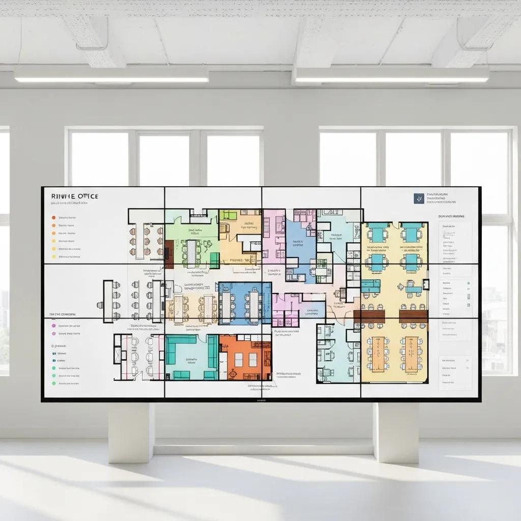 Office layout plan with sketches of furniture arrangements and design tools