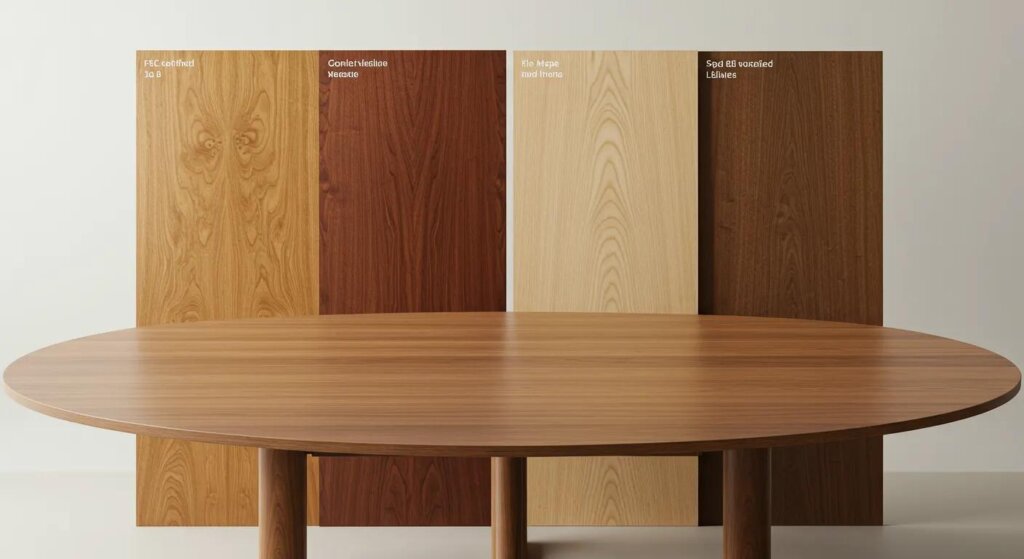 Samples of sustainable solid wood species for conference tables, highlighting natural grains and finishes, promoting eco-friendly design