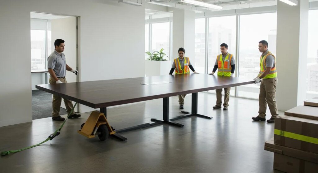 Delivery team unloading a large conference table at a corporate office, illustrating installation logistics