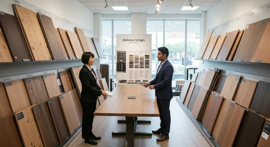 Display of solid wood samples and customization options for conference tables in a design studio