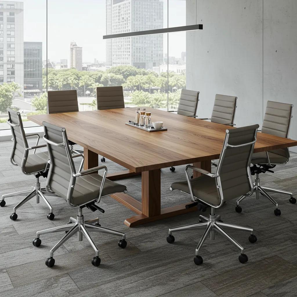 Elegant solid wood conference table in a modern conference room, highlighting bulk purchase discounts