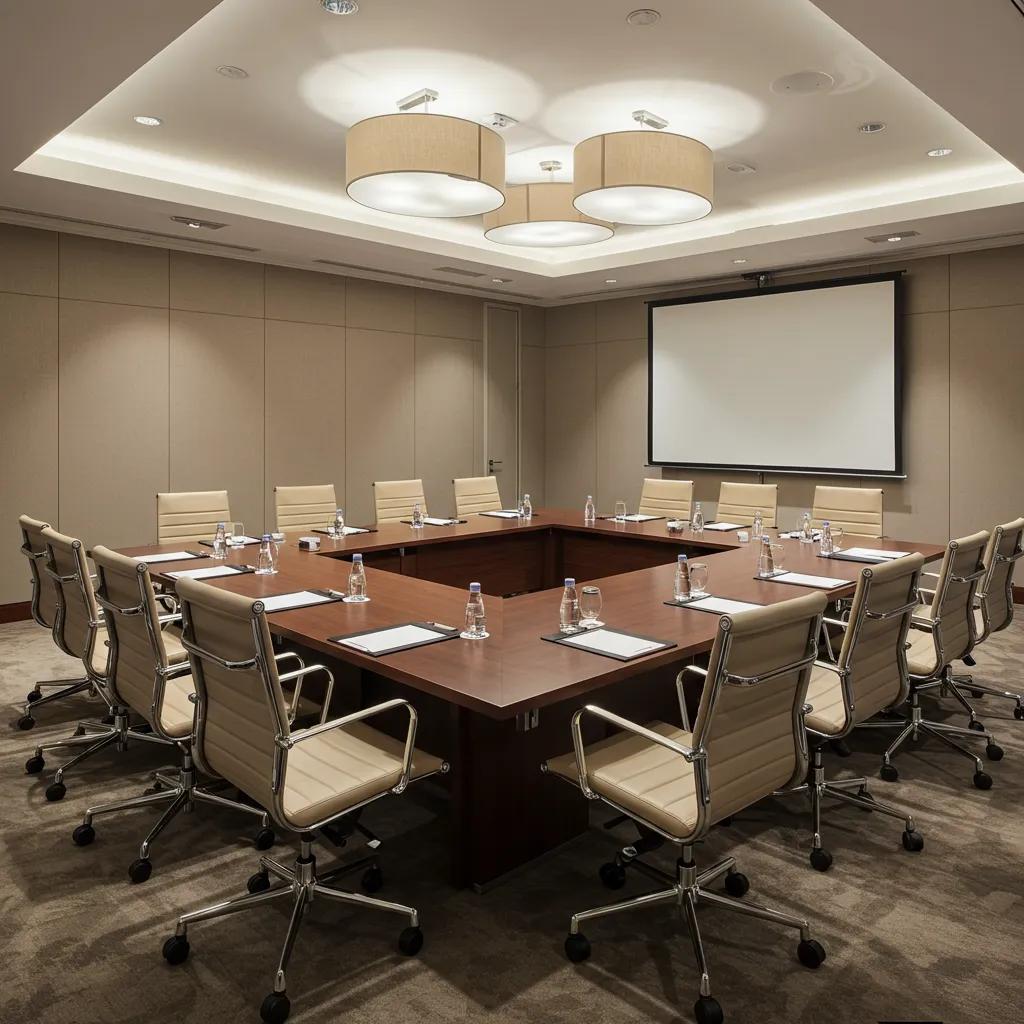 Formal boardroom with a long rectangular conference table, high-backed chairs, and advanced AV technology, emphasizing a sophisticated meeting environment