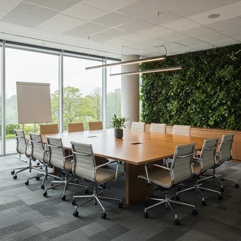 Modern boardroom with a large solid wood conference table and ergonomic chairs, highlighting a professional and inviting atmosphere
