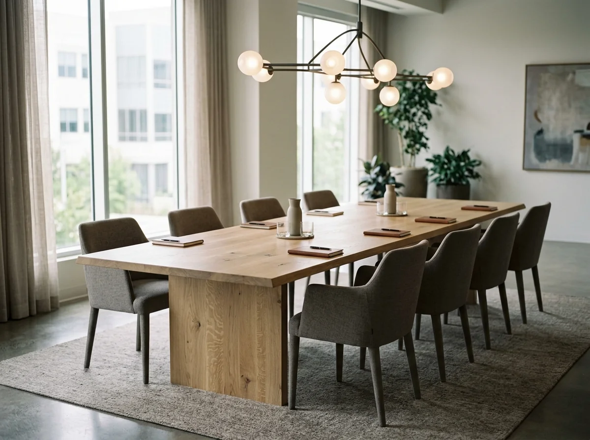 10-person rectangular White Oak Rubio Natural conference table with sculptural pendant — Fargo Woodworks