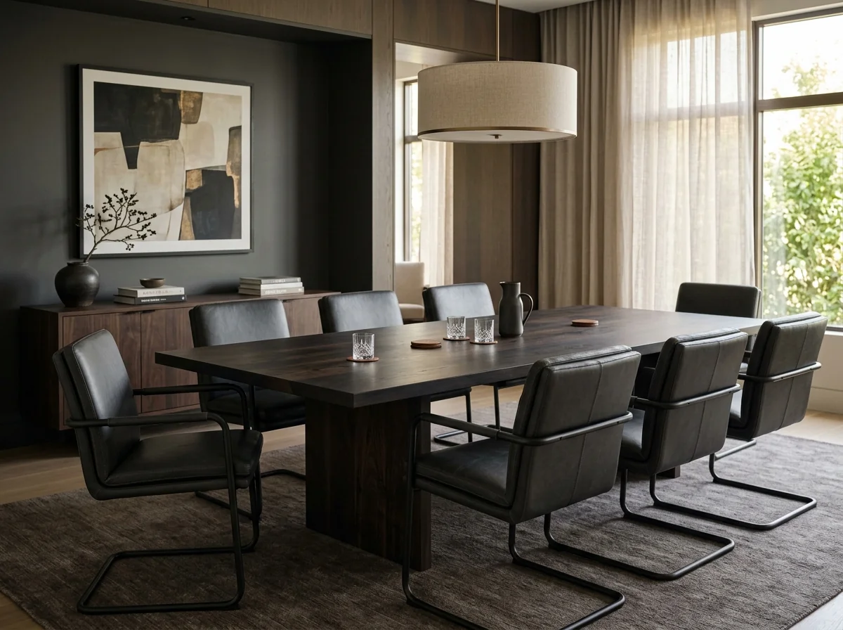 12-foot Black Walnut Rubio Black conference table in a sleek dark-toned executive boardroom — Fargo Woodworks