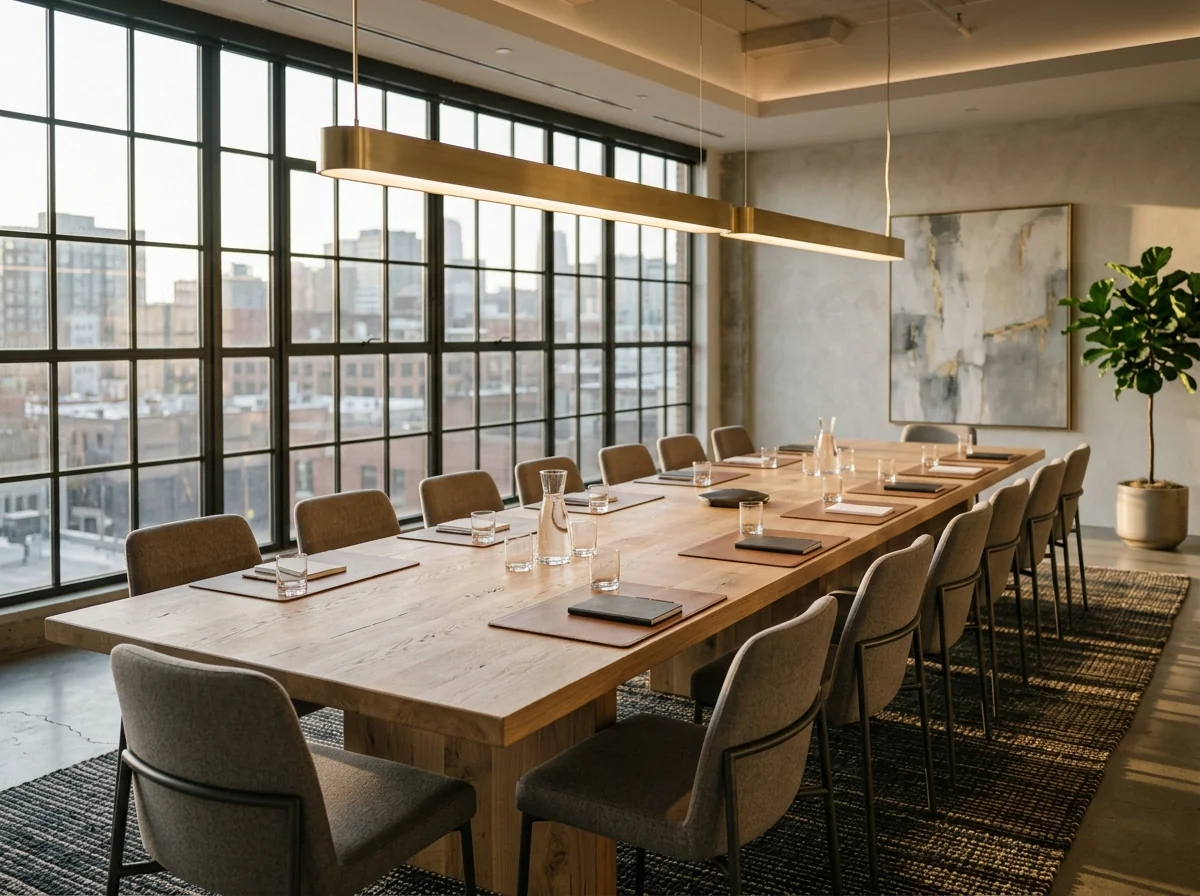 12-foot White Oak conference table in a modern boardroom with steel-frame industrial windows — Fargo Woodworks