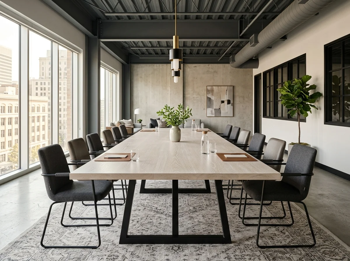 12-foot White Oak Cotton White conference table with steel painted black trapezoid legs — Fargo Woodworks